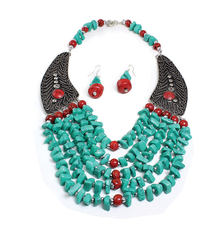 Turquoise and Red Stone Necklace
